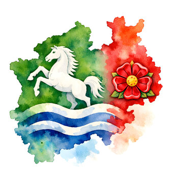 Watercolor map of North Rhine-Westphalia with stylized heraldic symbols: horse, river wave and rose. Soft textures, vibrant colors, artistic regional illustration on white background.
