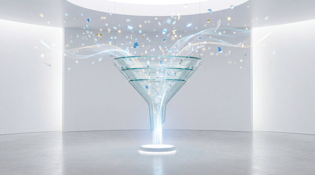 Glass funnel collecting and refining digital data, fragmented particles, and information streams in a minimalist white space