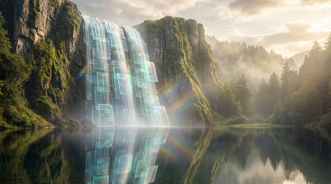Futuristic digital data flowing as a powerful glowing waterfall into a calm lake, surrounded by lush forest and misty mountains