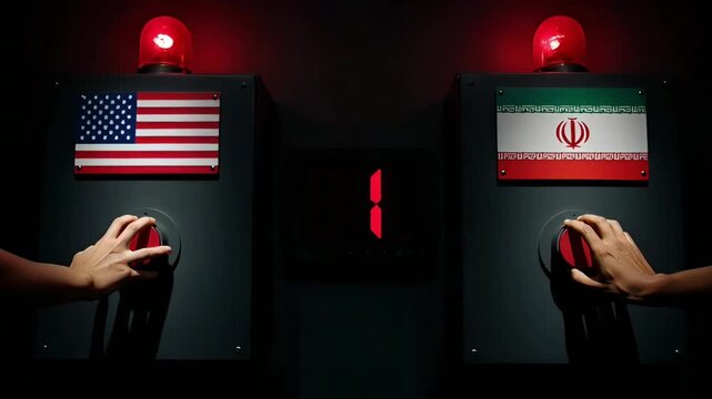 hands pressing red buttons under flags of usa and iran countdown on display risk of military conflict geopolitics confrontation international tension launch military strategy and crisis