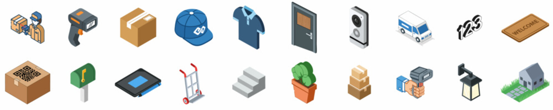 Set of isometric delivery and logistics icons including delivery person, packages, scanners, delivery truck, and residential home accessories for e-commerce and shipping services.