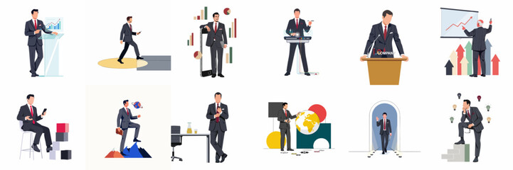 Naklejka premium Comprehensive vector set of professional businessmen in various roles, featuring presentations, technology use, global strategies, leadership, and successful growth scenarios.