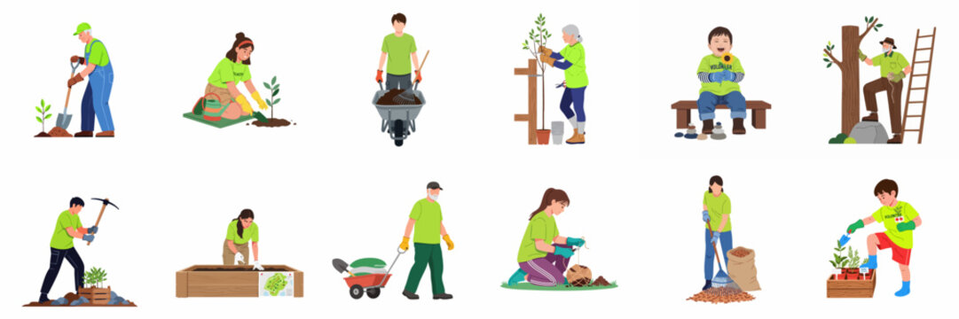 Diverse group of volunteers gardening, planting trees and flowers, and working together to improve the community environment.