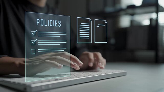 Business policy management concept. Person typing keyboard with document and checklist icons, policy implementation, regulatory compliance and organizational control.