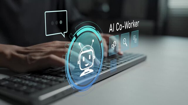 Artificial intelligence co worker concept. Person typing keyboard with AI assistant and workflow icons, human and AI collaboration, task automation and workplace efficiency.