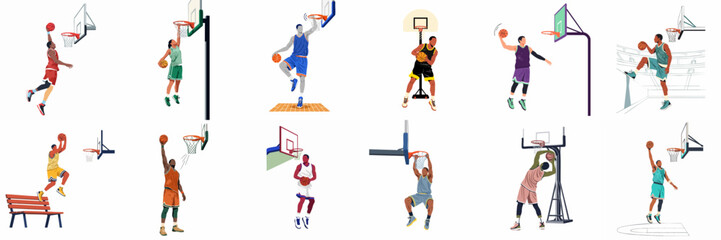 Collection of dynamic basketball player illustrations featuring various action poses such as dunking and shooting, isolated on a clean white background. © ValentinaRestrepo