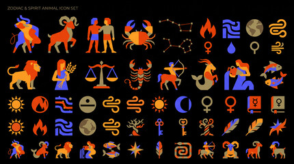 Obraz premium Zodiac and spirit animal icons displayed in bright colors with various symbols and illustrations