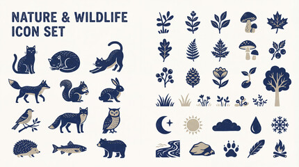 Obraz premium Collection of nature and wildlife icons showing various animals, plants, and natural elements in simple designs