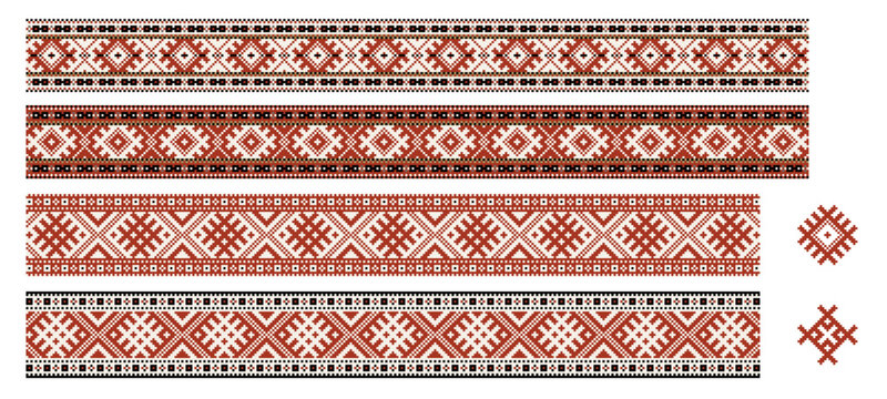 Set of four decorative Estonian ornamental border bands, each richly adorned with authentic symbols and motifs deeply rooted in Estonian folk art and cultural heritage
