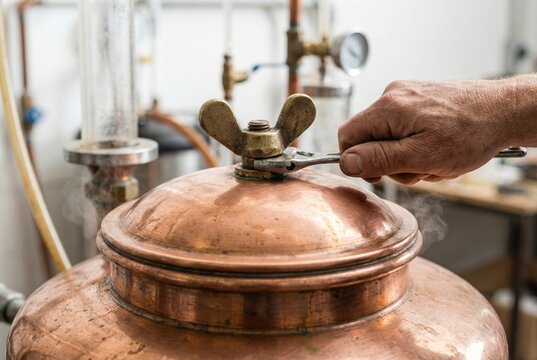 Hand using a metal adjustable wrench to tighten a brass wingnut on the lid of a steaming copper still