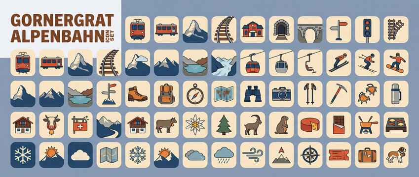 Symbols and icons of the Gornergrat Alpine Railway and mountain activities in the Swiss Alps