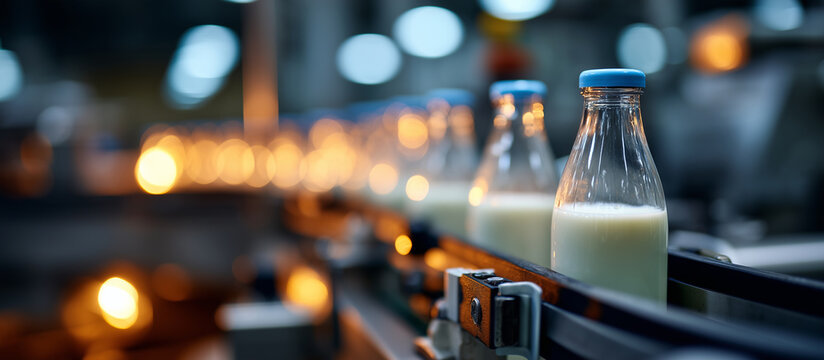 Plastic milk bottles on conveyor line in modern dairy factory, food processing industry, beverage manufacturing, automated bottling, fresh milk packaging, industrial production, qu
