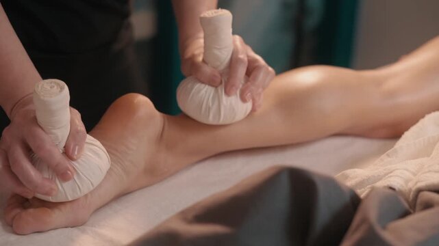 Spa therapist performing hot compress massage on woman leg, applying warm cloth bundles for relaxation, muscle relief and wellness treatment in spa salon
