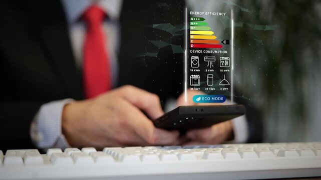 Businessman activates eco mode on smartphone to optimize smart home energy efficiency and reduce power consumption. Close-up, graphic animation