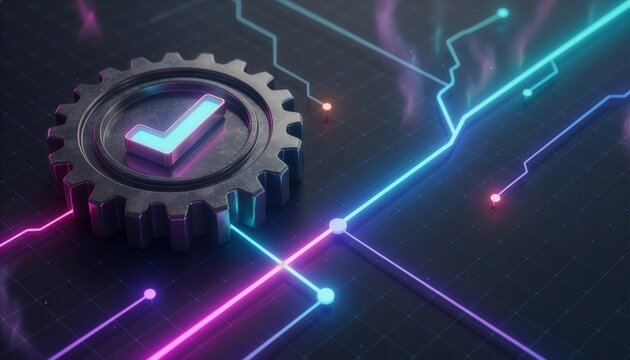 Digital gear with a checkmark symbol and futuristic network design. This image embodies technology and connectivity, highlighting innovation and progress.