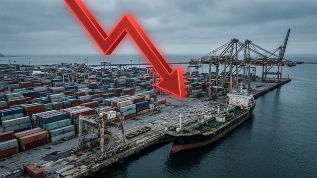 red graph of rapid fall over sea container port and cargo vessel symbolizing financial losses and stagnation in international trade and logistics