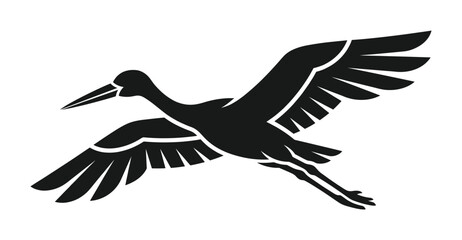 Obraz premium A simple, elegant black silhouette of a flying stork or crane. A stylized vector graphic icon perfect for logos, emblems, and nature or delivery service concepts.