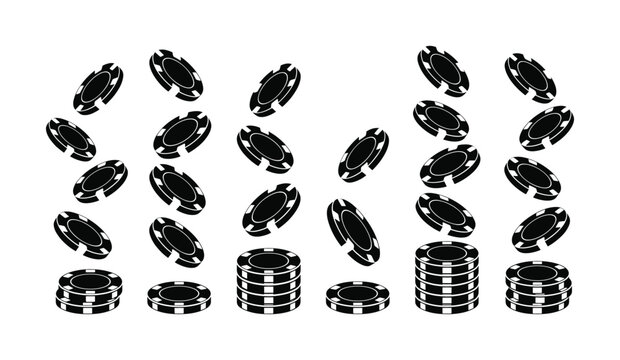 A black and white vector of casino poker chips falling and in stacks. Dynamic concept for gambling, gaming, risk, and winning. Perfect for web design and icons.