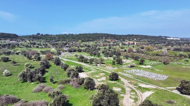 Ancient Teos City Dionysos Temple &ndash; Aerial Drone View of Historic Ruins in Izmir, Turkey, Archaeological Site 4K