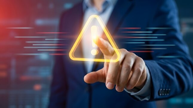 Business professional activating digital security shield with warning triangle hologram in futuristic tech environment