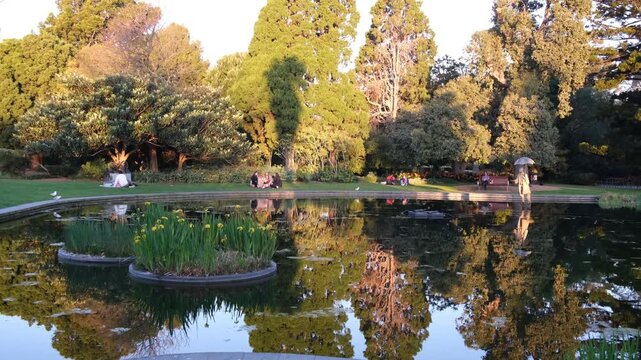 People enjoying a relaxed picnic by the pond at St Kilda Botanical Gardens in Melbourne, Australia. Urban garden leisure, livable atmosphere, and outdoor lifestyle in a well-designed public space.