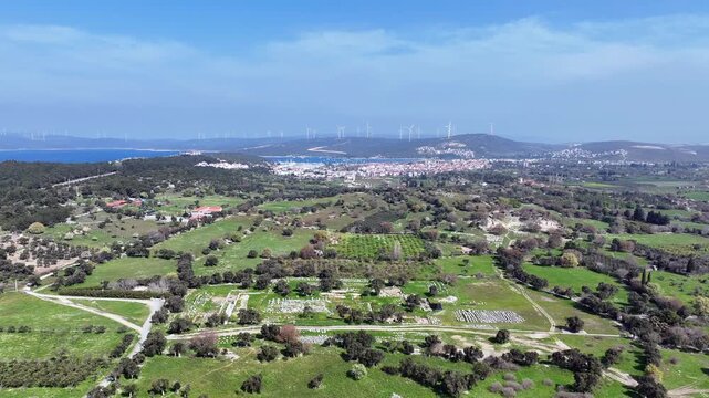 Ancient Teos City Dionysos Temple &ndash; Aerial Drone View of Historic Ruins in Izmir, Turkey, Archaeological Site 4K