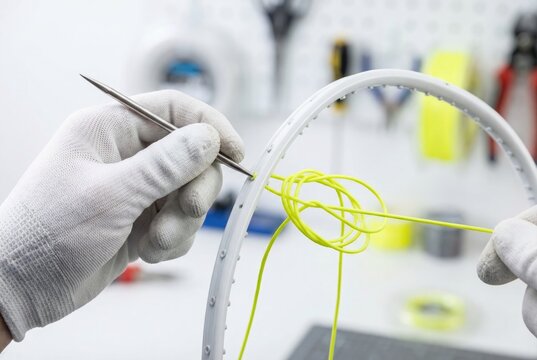 Gloved hands using an awl to thread neon yellow string through a white tennis racket