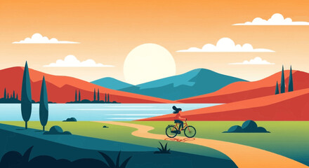 Fototapeta premium Cycling Woman Enjoying Leisure Ride on a Scenic Path Through a Serene Landscape