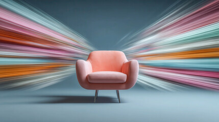 Pastel armchair sits center stage. Vibrant light trails blast outward from its sides. Modern design contrasts with dynamic motion. Soft pink hue invites calm and comfort. Ideal for tech, wellness