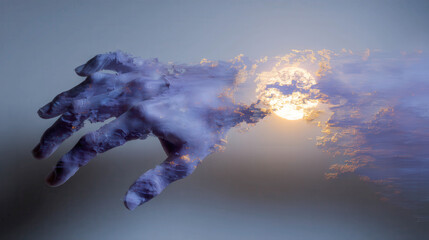 Frosted hand reaches toward a glowing sun. Ice encases fingers, evoking cold and yearning. Sunlight breaks through frost, casting warm, golden light