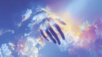 Soft hand reaches toward glowing, dreamlike clouds. Colors swirl in hues of purple, gold, and blue. Ethereal light pulses like a living, gentle warmth. Mood suggests peace, wonder