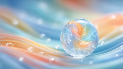 Glass sphere swirls with rainbow hues. Bubbles float gently around its surface. Soft gradient waves flow behind in blue and orange. The sphere rests serenely on flowing liquid