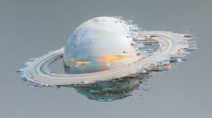 Glitch effect warps a planet with rings, surreal and dreamlike. Digital distortion adds motion, as if data fractures space. Cool tones contrast with warm glows, creating visual tension