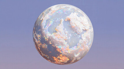Opalescent sphere floats serene against soft gradient sky. Clouds swirl in gentle motion, shimmering with internal light. Warm tones blend with cool hues, evoking dreamlike stillness