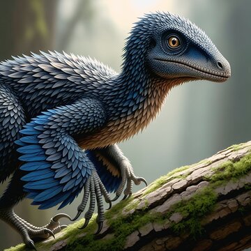 Feathered Microraptor Perched on Prehistoric Tree