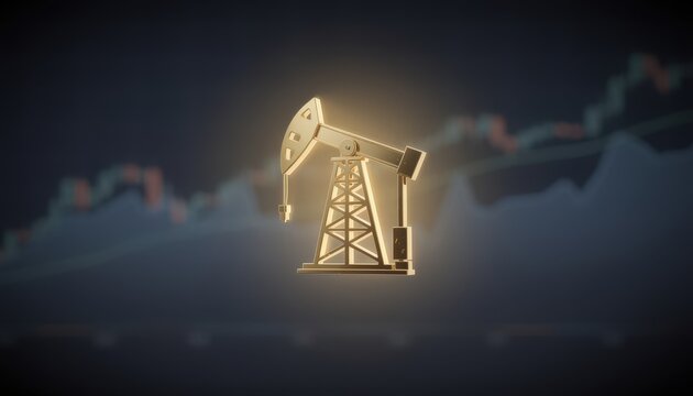 Focused image of a glowing oil rig icon with a dim indistinct commodity market graph in the background indicating alternative investment safety.