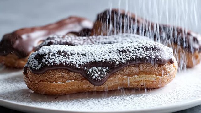 Close-Up of Chocolate Eclairs Being Dusted With Powdered Sugar in Slow Motion