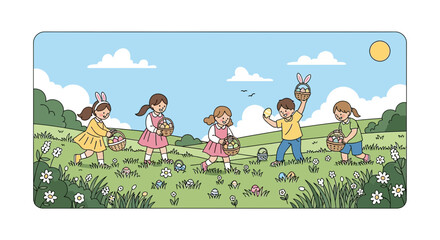 Obraz premium Easter Egg Hunt with Happy Children Collecting Colorful Eggs in Spring