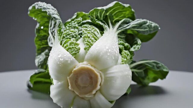 Fresh Bok Choy With Water Droplets on a Light Surface, Close Up