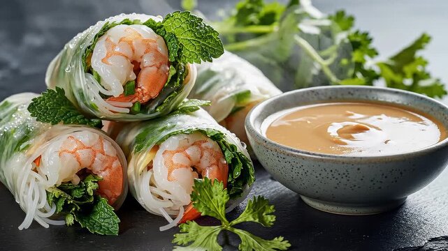 Fresh Spring Rolls With Shrimp and Peanut Sauce, Close-Up Studio Shot