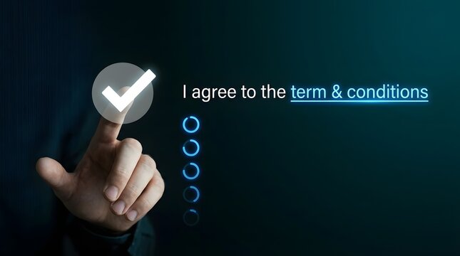 Hand clicking accept terms and conditions button on digital interface with glowing checkmark for agreement concept