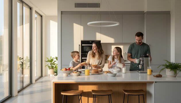 A happy family enjoying breakfast together in a modern kitchen with large windows and plants