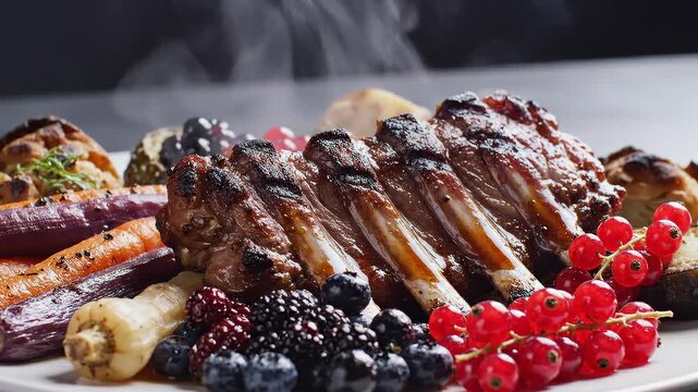 Delicious Roasted Lamb Ribs With Berries and Vegetables Served on a Plate, Close-Up