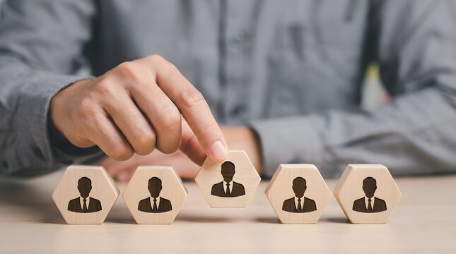Hand selecting wooden block with businessman icon for team building or leadership concept in office setting