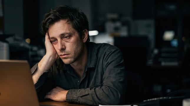 Exhausted Businessman Working Late at Night on Laptop