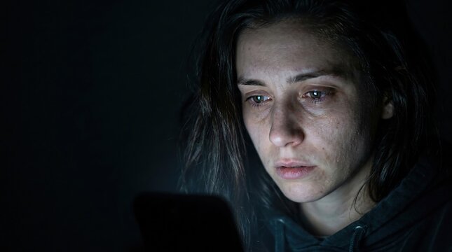 Woman with Tears on Face Looking at Phone in Dark Room