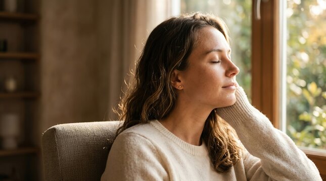 Serene Woman Relaxing by the Window with Calming Nature View