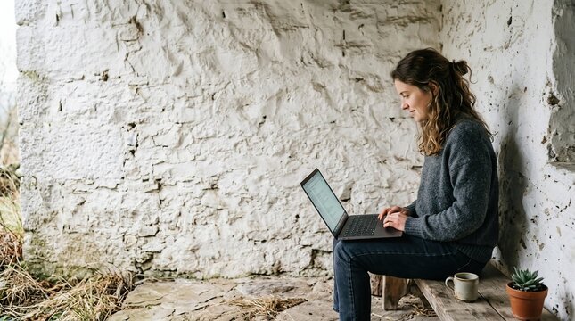 Woman Working Remotely on Laptop by White Stone Wall Outdoors