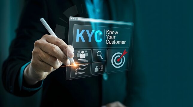 Hand holding pen pointing at KYC know your customer digital interface on futuristic screen for business compliance