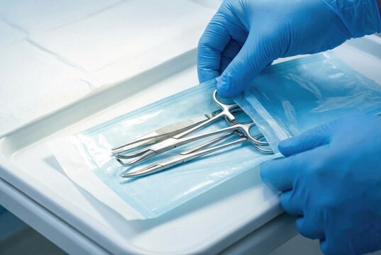 Medical professional wearing blue gloves placing stainless steel surgical tools into a sterilization pouch